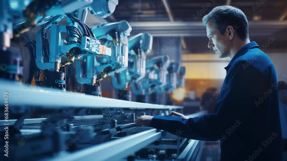 Poster manager engineer check and control automation robot arms machine in intelligent factory industrial o