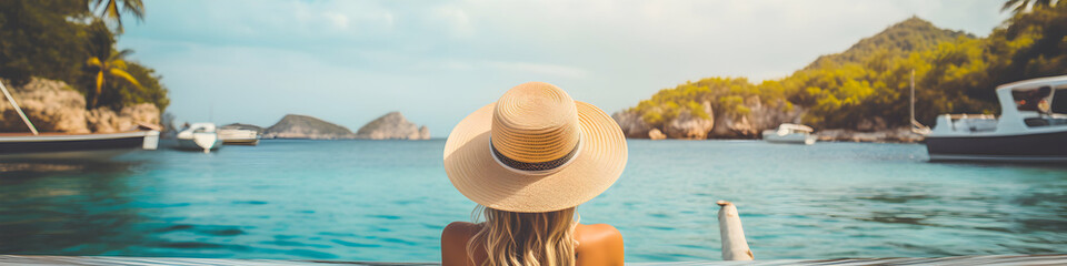 Fototapeta na wymiar Rear view of young woman in a hat and swimsuit sitting on a boat in the tropical island bay, colorful bokeh, panoramic header, generative ai