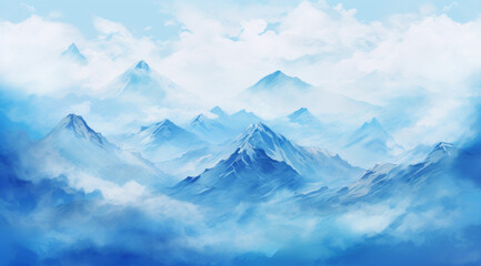 Illustration of soft clouds and blue sky above serene mountain peaks