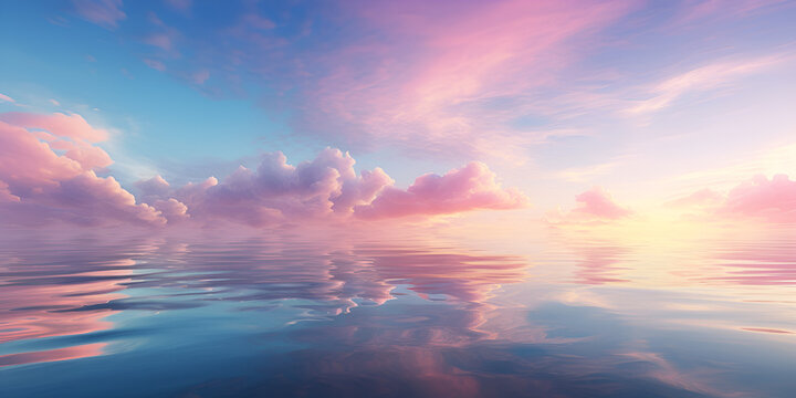 A colorful sunset over the ocean with a colorful sunset.Horizon clouds sky, in the style of dreamlike illustration