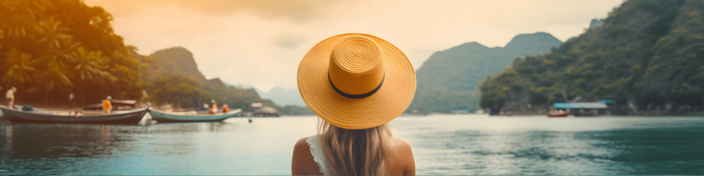 Rear View Of Young Woman In A Hat And Swimsuit Sitting On A Boat In The Tropical Island Bay, Colorful Bokeh, Panoramic Header, Generative Ai