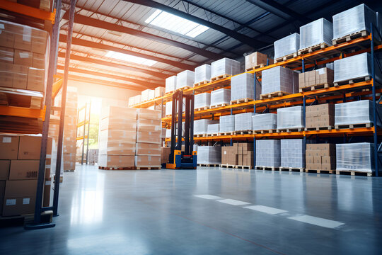 Retail warehouse full of shelves with goods in cartons, with pallets and forklifts. Logistics and transportation blurred background. Product distribution center, generative ai
