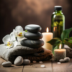 Fototapeta na wymiar Spa setting with massage stones and soft towel, generative ai
