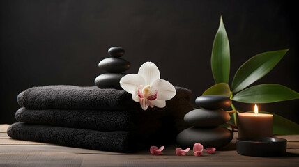 Spa setting with massage stones and soft towel, generative ai