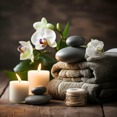 Obraz na płótnie Canvas Spa setting with massage stones and soft towel, generative ai
