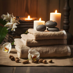 Spa setting with massage stones and soft towel, generative ai