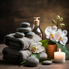 Spa setting with massage stones and soft towel, generative ai