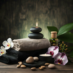 Spa setting with massage stones and soft towel, generative ai