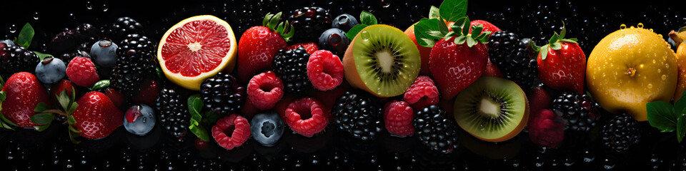 Top view of fresh fruits, vegetables and berries on black background, rain drops, digital web header, generative ai