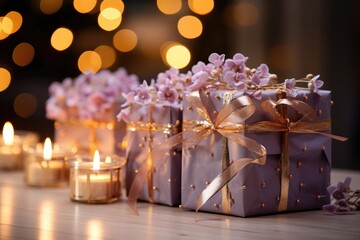 Christmas gift box with candles, bokeh effect background. Generative ai