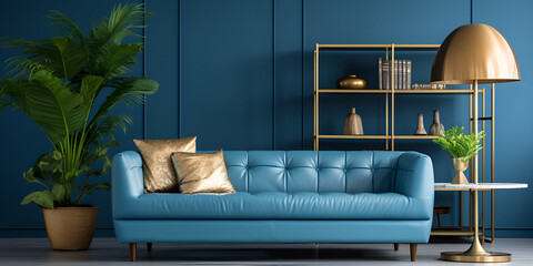 Modern living room interior with sofa on blue wall background