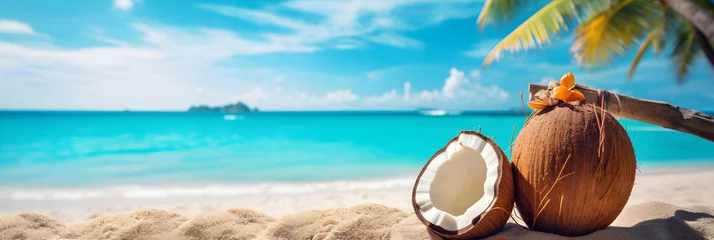  Tropical beach with sea coconut drink on sand, summer holiday background. Travel and beach vacation, ad banner, web digital header template, generative ai © pawczar
