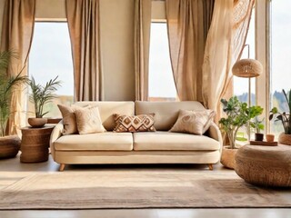 Beige fabric sofa against window. Boho home interior design of modern living room.