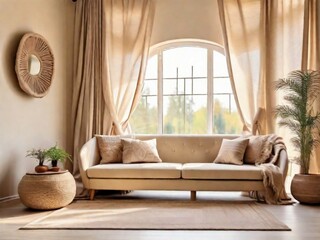 Beige fabric sofa against window. Boho home interior design of modern living room.