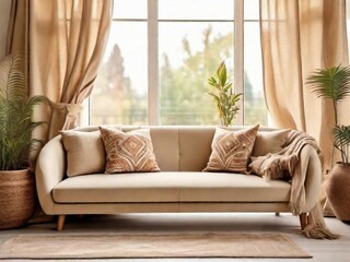 Beige fabric sofa against window. Boho home interior design of modern living room.