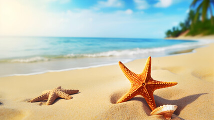 Fototapeta na wymiar Tropical beach with sea star on sand, summer holiday background. Travel and beach vacation. Web digital header with copy space, ad poster template, generative ai
