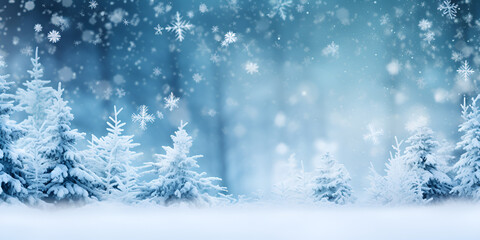 Winter landscape with snowy fir trees and falling snowflakes christmas background