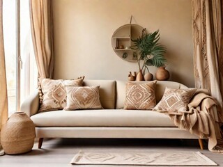 Beige fabric sofa against window. Boho home interior design of modern living room.