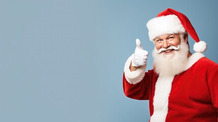 Fototapeta na wymiar Santa Claus with thumb up gesture isolated in light blue background. Generative ai
