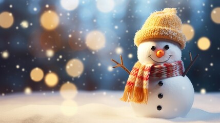 Snowman with a blue hat in the snow, copy space for text on the left. soft bokeh snowy background. Generative ai