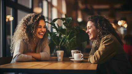 Two women sitting at a cafe and smiling. Young female friends meeting sit at table in coffee shop, generative ai