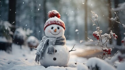 Snowman in the snow on the woods forest. Generative ai