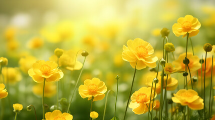 Yellow Geum flowers panorama on blurred summer garden or park background, banner for website, seasonal spring background, generative ai
