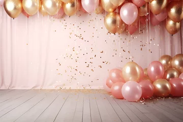 Behangcirkel Luxury pink, coral and gold balloons mockup. Festive celebration background with copy space. Generate Ai. Photo zone birthday party © Elena
