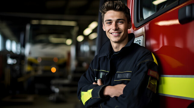 Young smiling firefighter in uniform standing by a fire truck at the base. Banner with copy space. Generative ai.