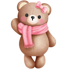 Fototapeta premium Cute baby teddy bear in pink scarf and bow illustration. Newborn teddy bear girl clipart.Baby nursery decor.Baby shower invitation.