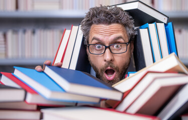 literature teacher in school with book. knowledge day. prepare for school exam. shocked overworked...