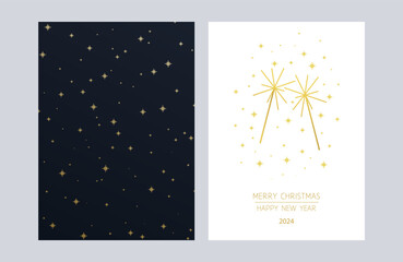 Greeting card Merry Christmas and Happy New Year with sparklers. Black background with a pattern of gold stars.