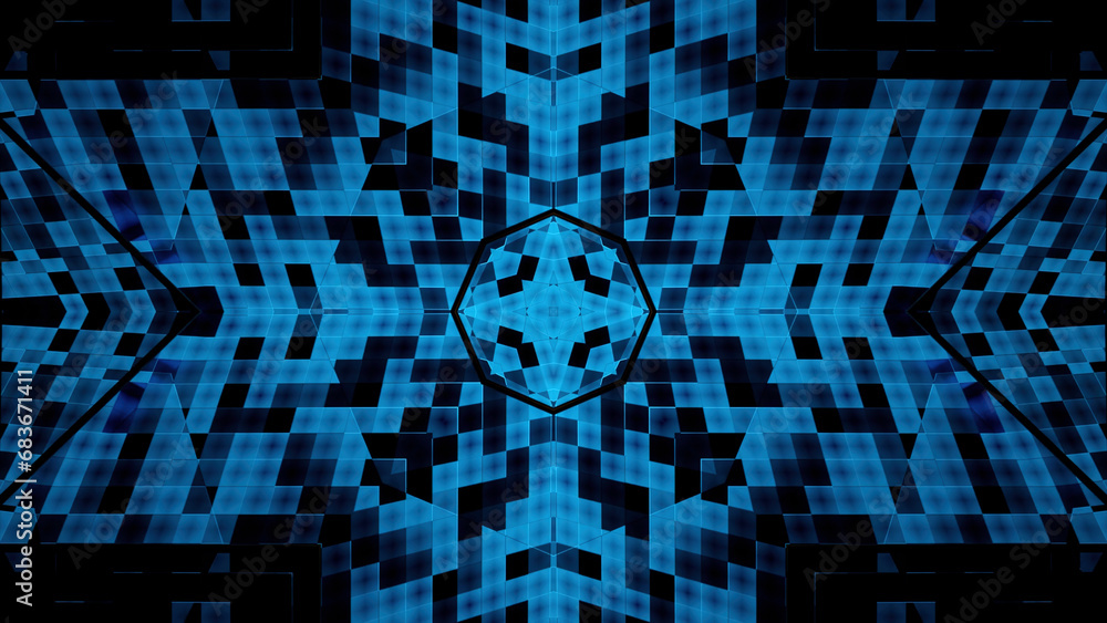 Poster geometric pattern with transforming shapes formed by small tiles. design. symmetrical changing figur