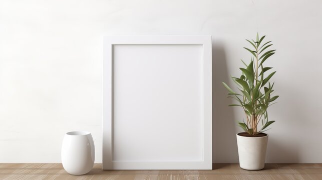Empty picture frame next to a white wall on the wooden floor
