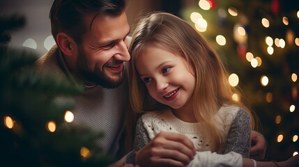 Family with small girl together by the christmas tree