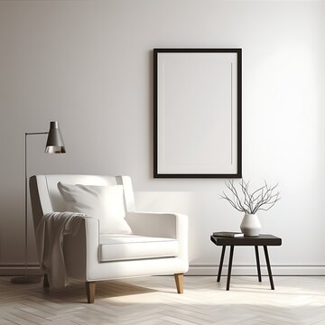 Interior design of modern living room with empty blank mock up poster frame. Minimalist and aesthetic interior with photo mockup