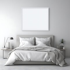 Blank vertical poster frame mockup hanging on the white cozy bedroom interior. Mock up blank poster.