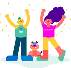 適度な運動で心身の健康を手に入れた男性と女性とペットの犬