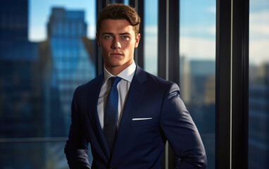 a clean shaven young male model wearing formal navy blazer, luxury corporate boardroom with skyscrapers in background