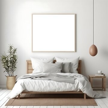 Blank vertical poster frame mockup hanging on the white cozy bedroom interior. Mock up blank poster.