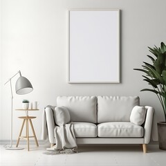 Interior design of modern living room with empty blank mock up poster frame and cozy sofa. Scandinavian interior design of modern stylish living room.