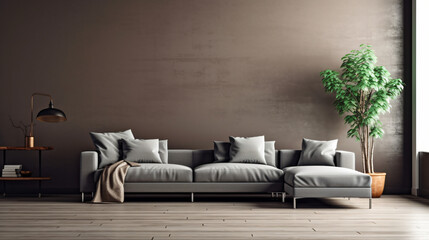 Gray sofa in brown living room