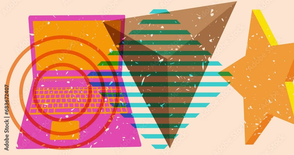 Poster risograph laptop with geometric shapes animation. moving object in trendy riso graph design video.