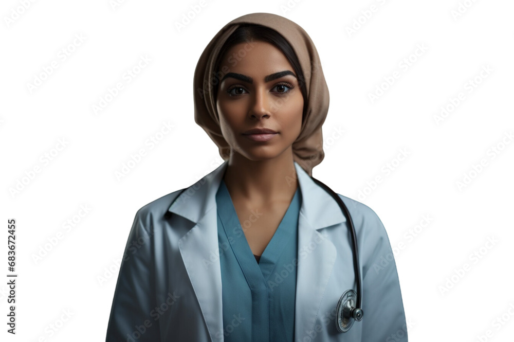 Wall mural Saudi female doctor standing wearing a white medical coat.