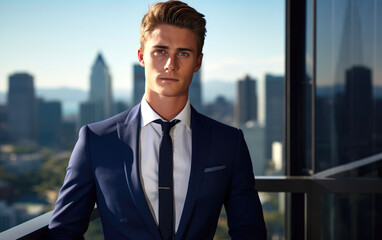a clean shaven young male model wearing formal navy blazer, luxury corporate boardroom with skyscrapers in background