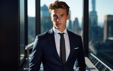 a clean shaven young male model wearing formal navy blazer, luxury corporate boardroom with skyscrapers in background