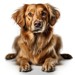 Golden Retriever Sitting Front White Background, Isolated On White Background, For Design And Printing