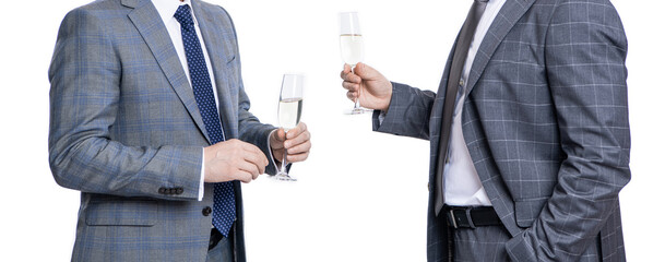 two businessmen partner celebrating business deal with champagne. successful partnership in...