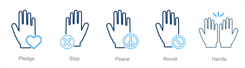 A set of 5 Hands icons as pledge, stop, peace