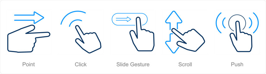 Obraz premium A set of 5 Hands icons as point, click, slide gesture, scroll